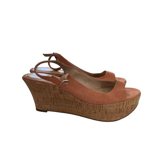 Via Spiga Womens size 9M orange Suede Leather  Peep-Toe cork Wedge Sandals shoes - Picture 5 of 8